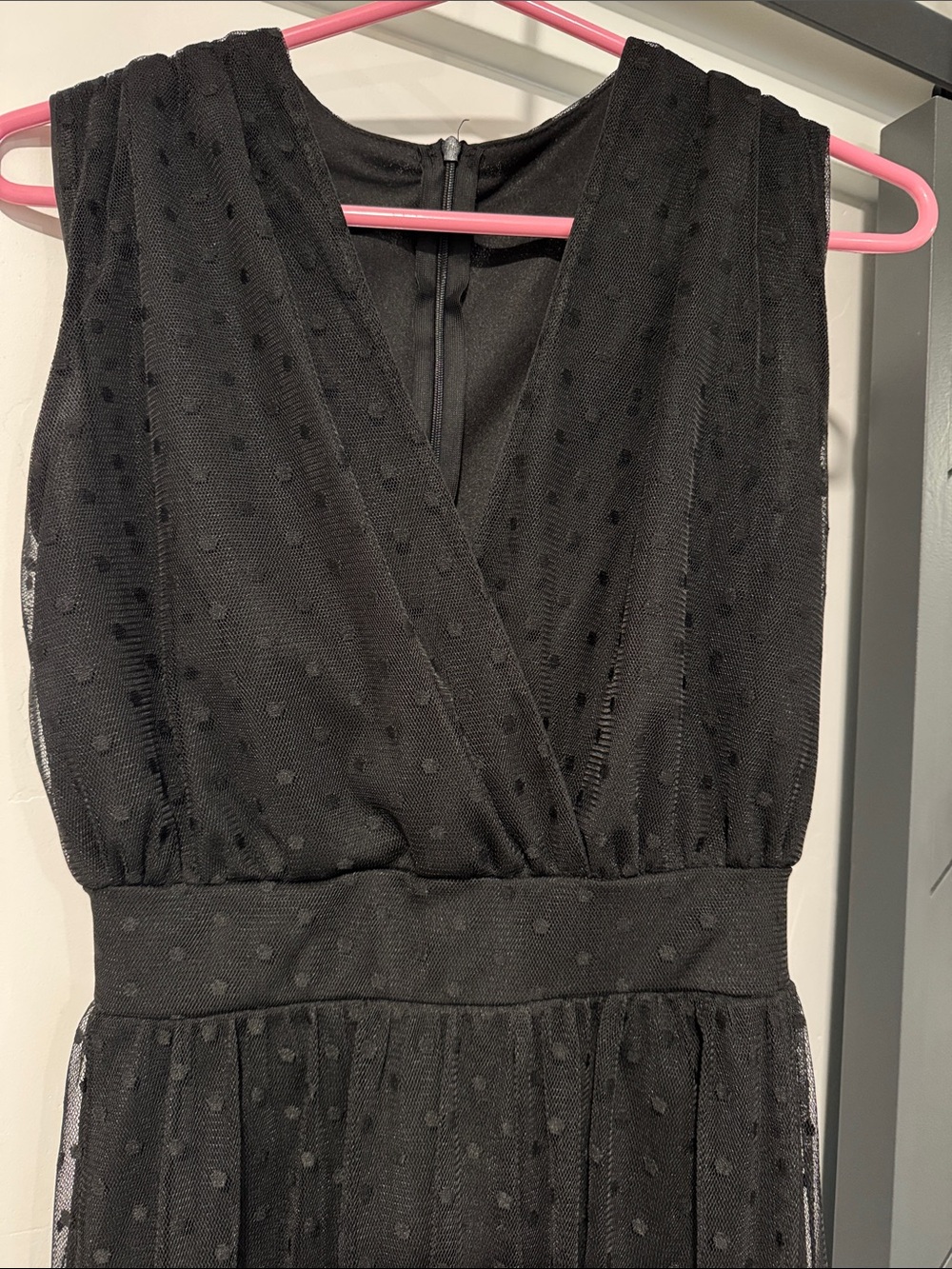 Elegant Black Maxi Dress with Sheer Dotted Overlay Sz 6 - Picture 3 of 7